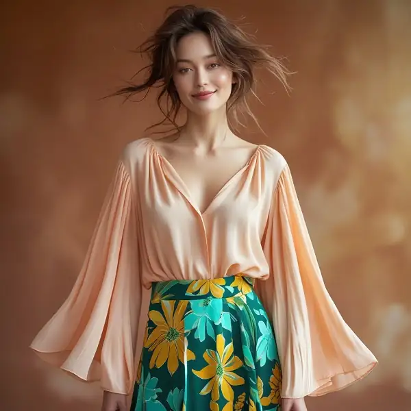a woman wearing a midi skirt with a flowy blouse