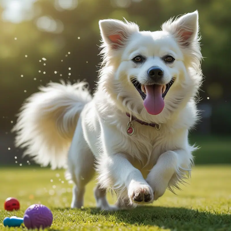 an American Eskimo dog pants while playing