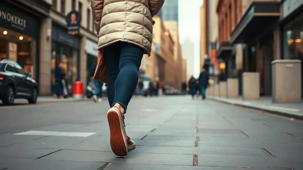 a woman walking the street wearing shoes with puffer jacket