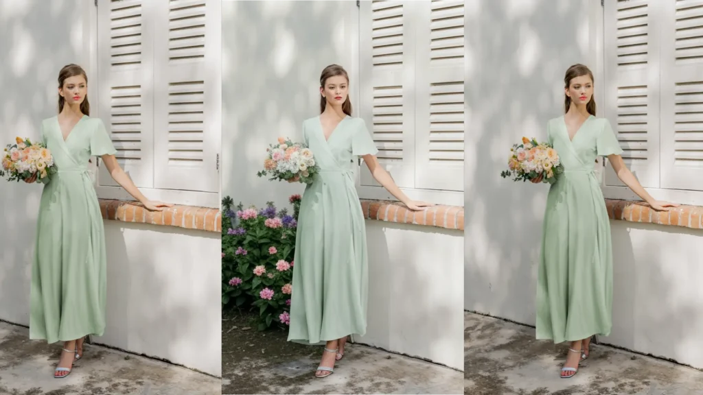 a woman wearing pumps with wrap dress