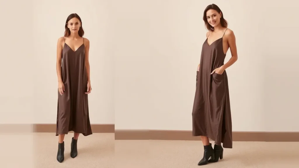a woman wearing slip dress with shoes