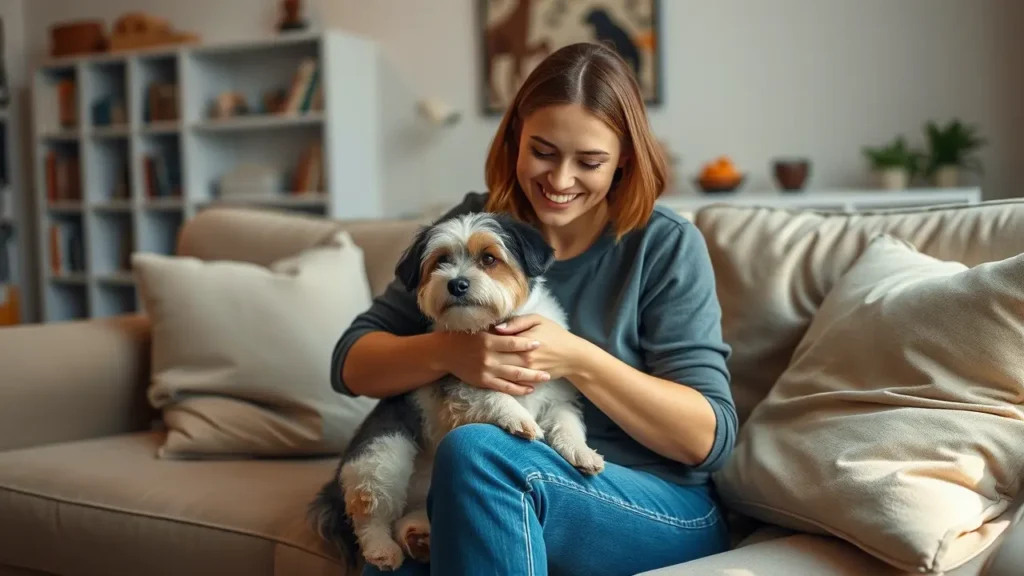 a dog owner is cuddling her dog