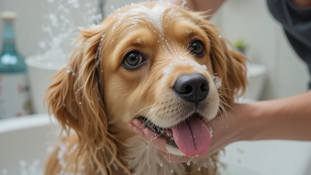 bathing a dog