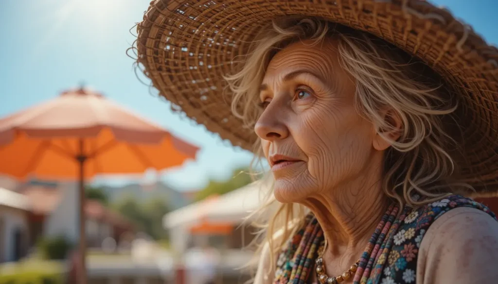 an elderly woman under a hot sun