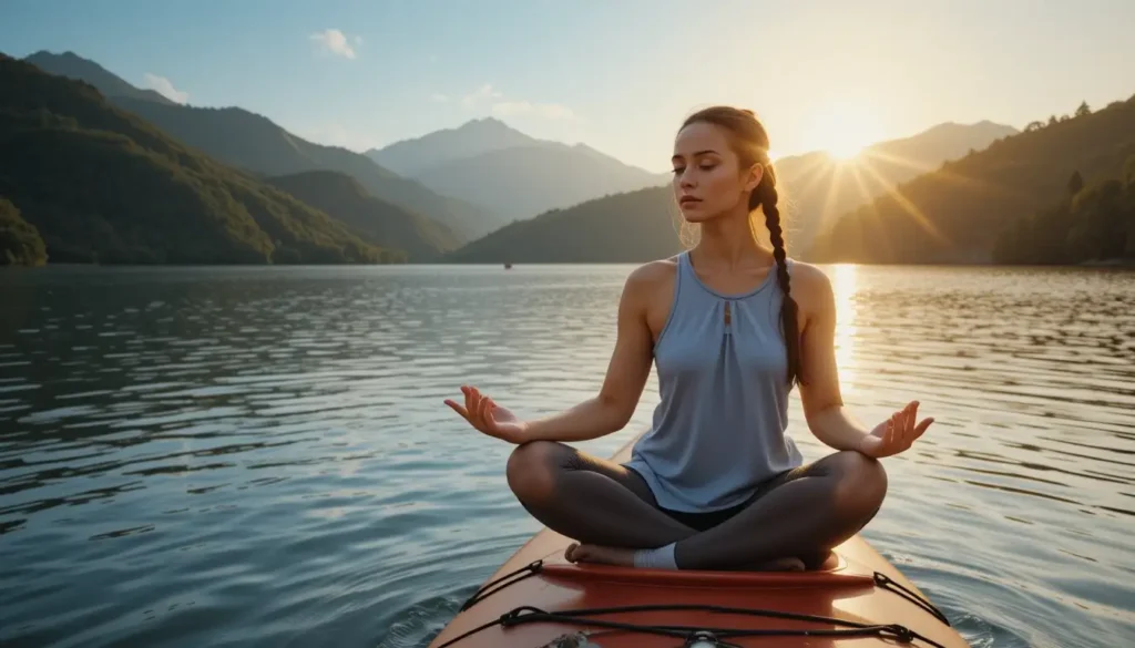 a woman practicing mindfulness in her sit on top kayak