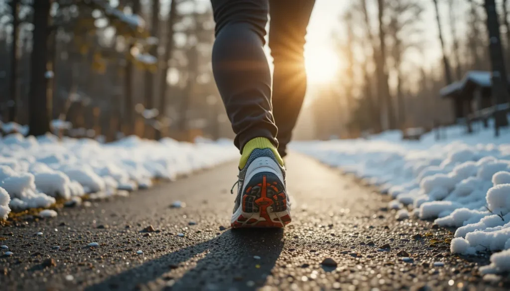 a man is walking running shoes in winter