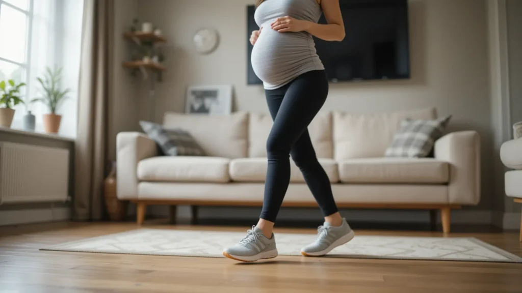 a pregnant woman walking with running shoes in living room