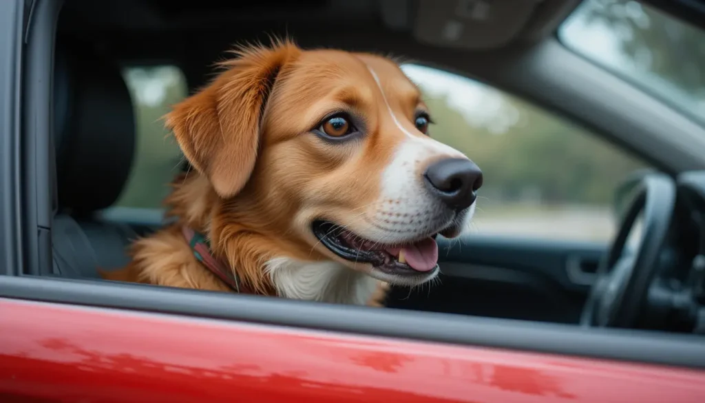 a dog riding in a car